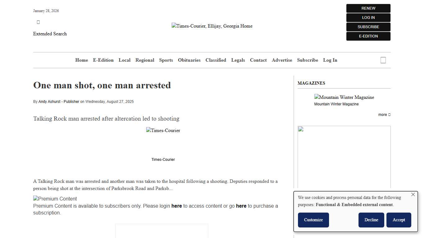 One man shot, one man arrested Times-Courier, Ellijay, Georgia